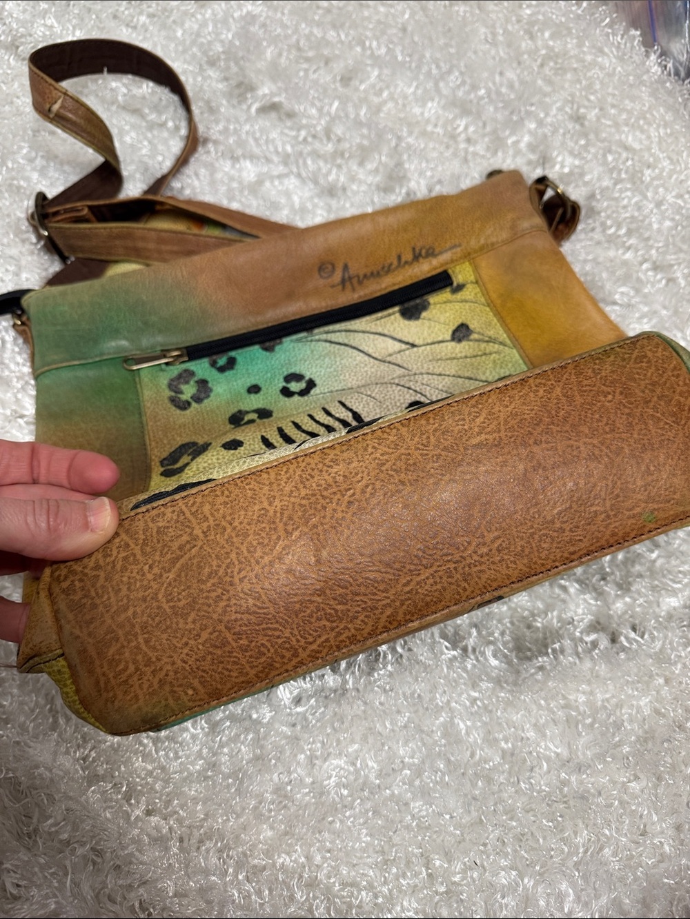 Anuschka Hand-Painted Multicolor Butterfly Crossbody Bag with Brown Strap - Picture 4 of 10